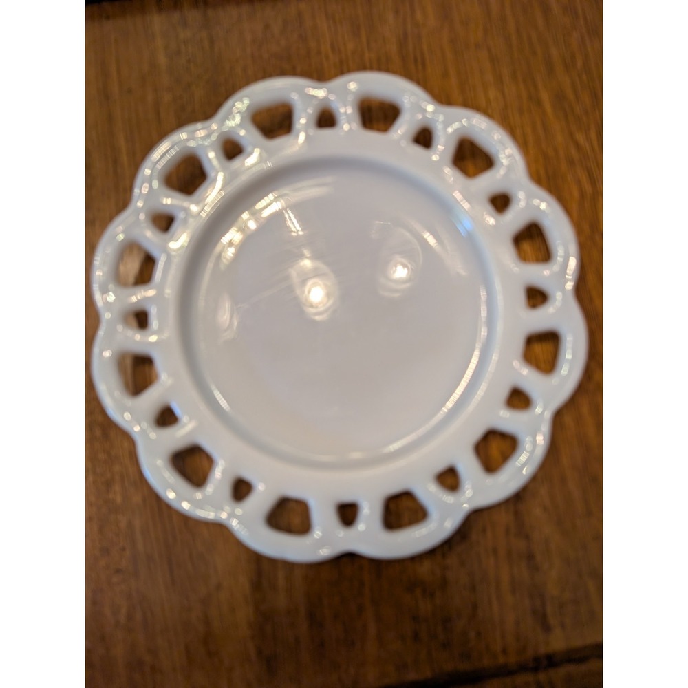 Hazel Atlas Milk Glass Plate Open Lace Scalloped Edge 8 1/4" White Lunch Vintage